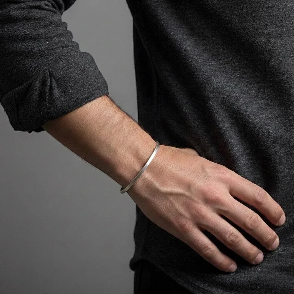 Brushed sterling silver square open cuff bangle bracelet.